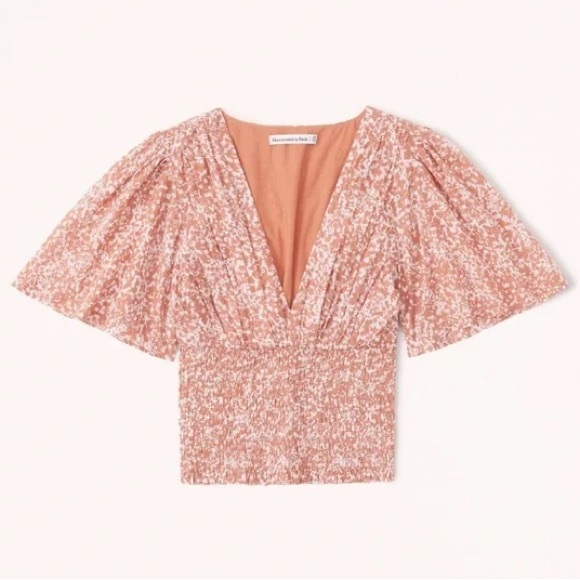 Abercrombie & Fitch Flutter Sleeve Smocked Waist Deep-V Top - Picture 6 of 6